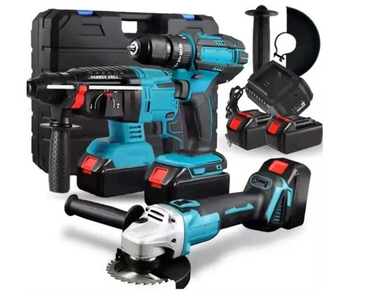 Akumuliatorinių įrankių komplektas 3 in 1- Suktuvas gręžtuvas, kampinis šlifuoklis, smūginis suktuvas, 3x21 V baterijos